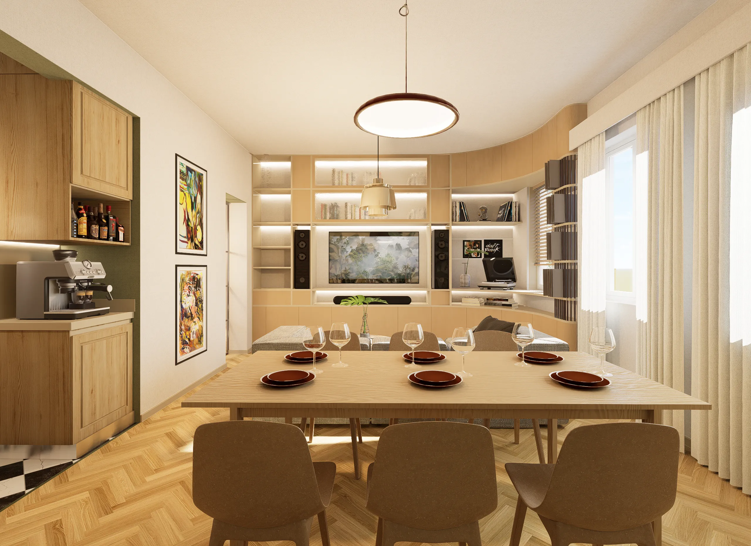 Living cu mobilier organic și texturi calde